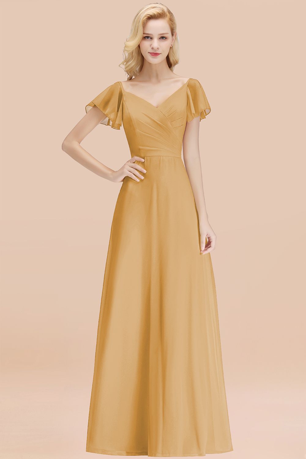 Elegent Short-Sleeve Long Bridesmaid Dresses Yellow Chiffon Wedding Party Dress