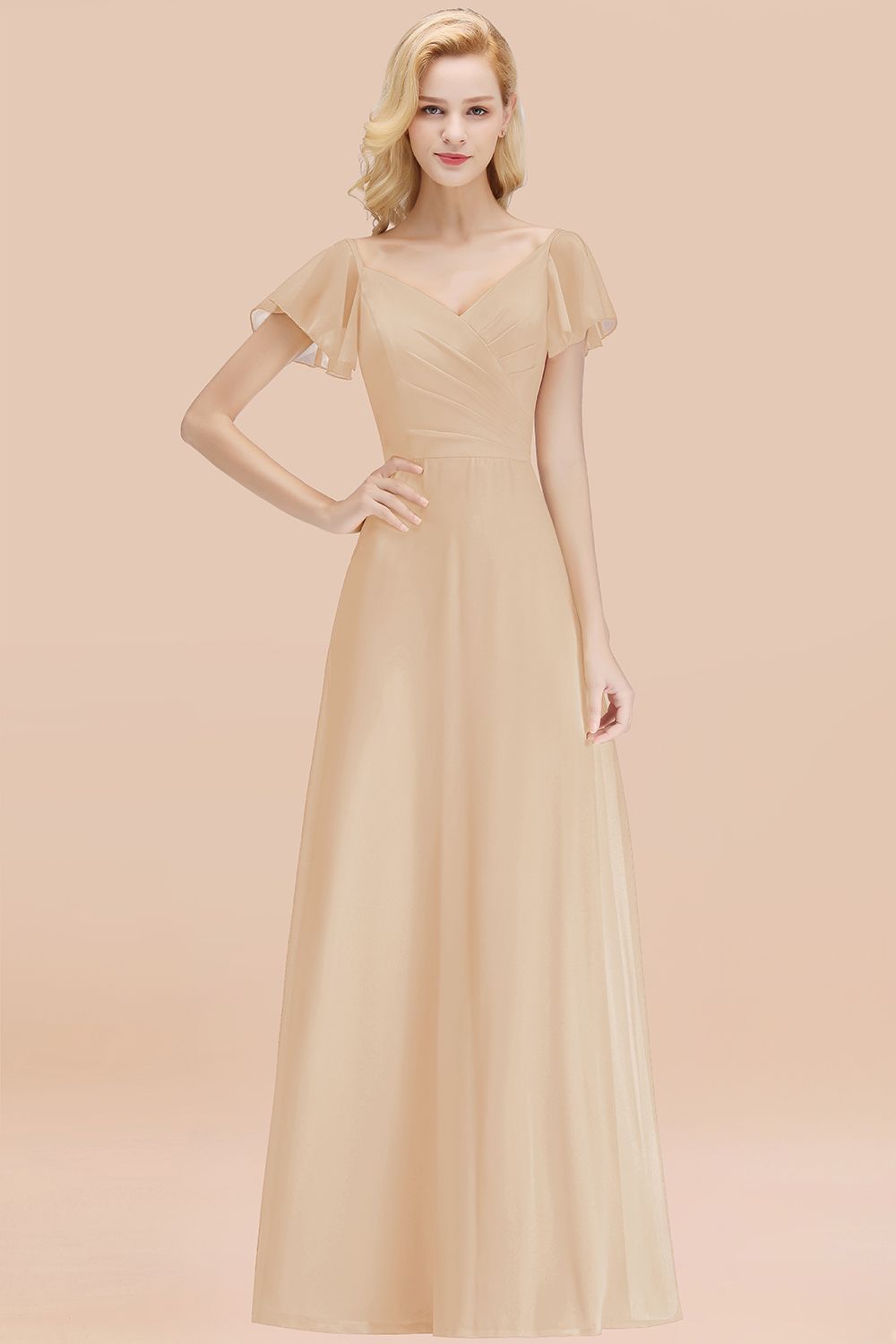 Elegent Short-Sleeve Long Bridesmaid Dresses Yellow Chiffon Wedding Party Dress