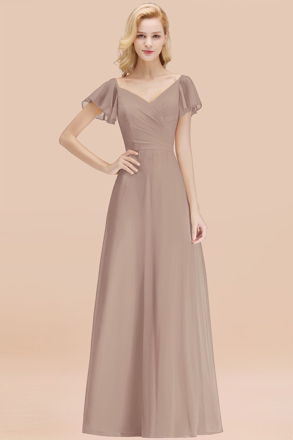 Elegent Short-Sleeve Long Bridesmaid Dresses Yellow Chiffon Wedding Party Dress