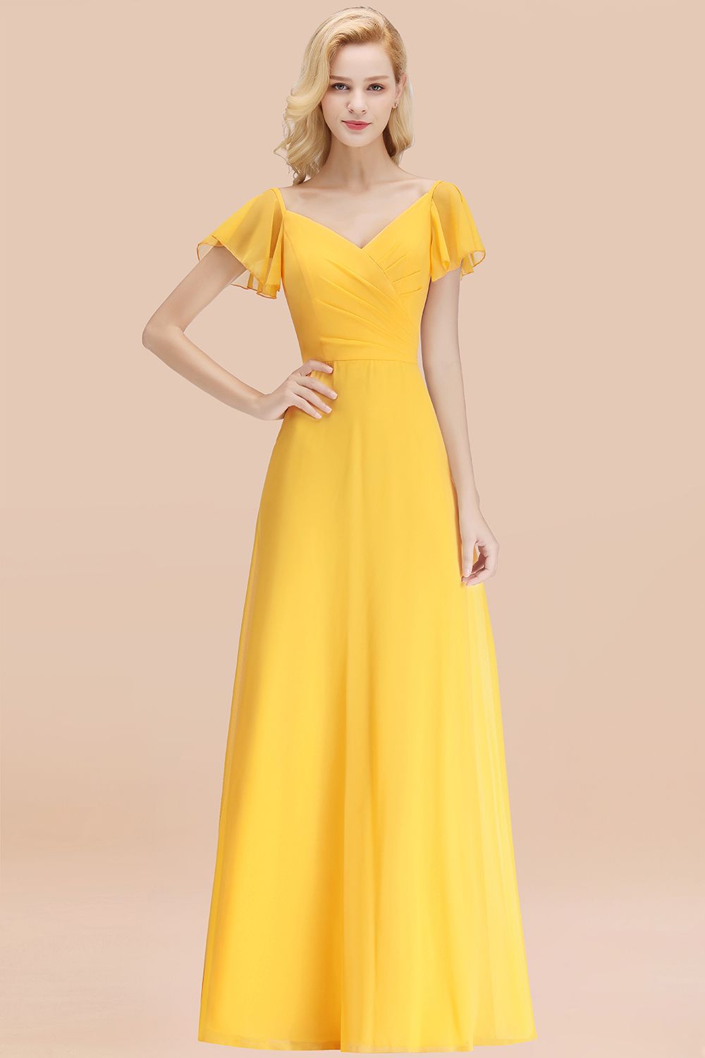 Elegent Short-Sleeve Long Bridesmaid Dresses Yellow Chiffon Wedding Party Dress