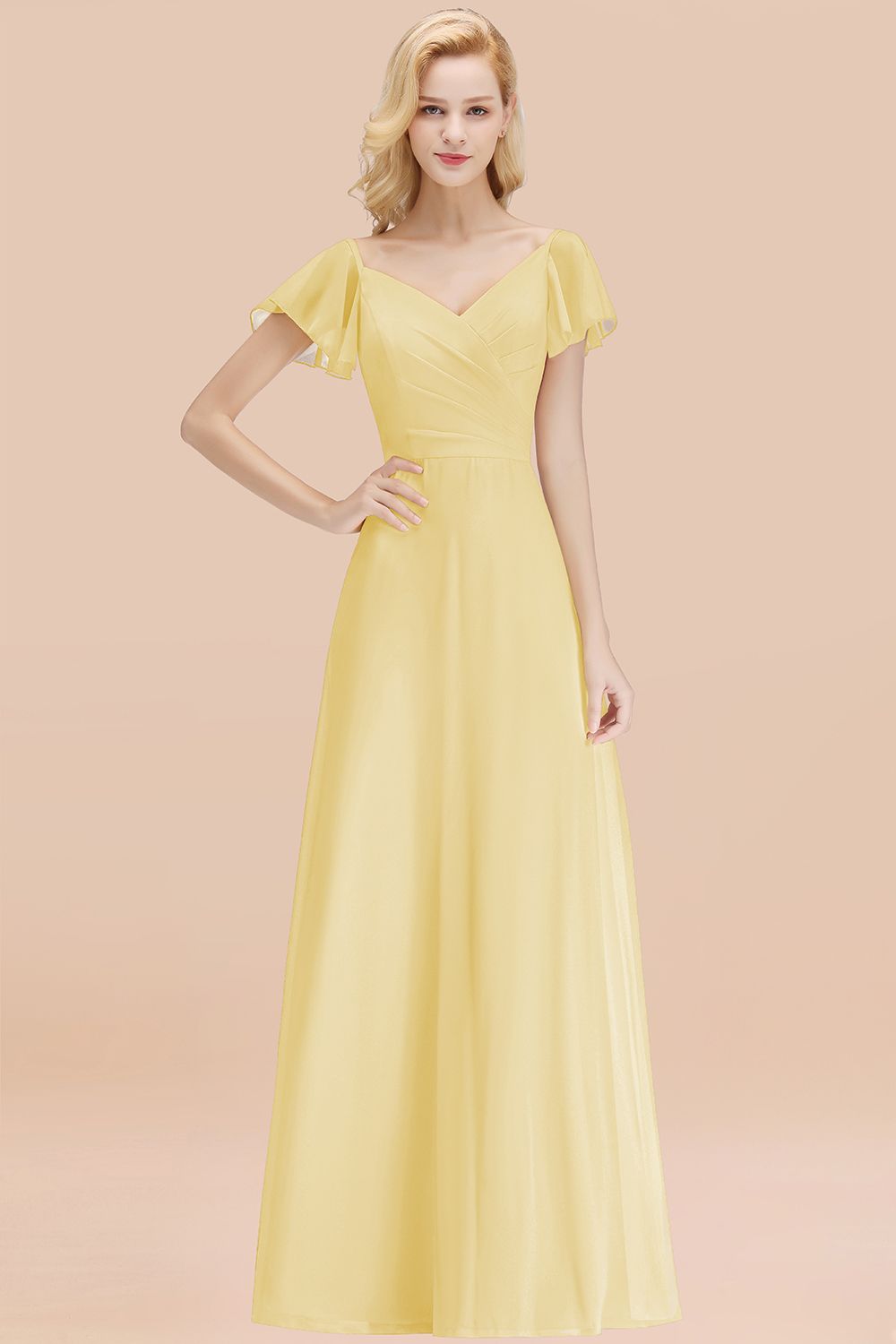 Elegent Short-Sleeve Long Bridesmaid Dresses Yellow Chiffon Wedding Party Dress