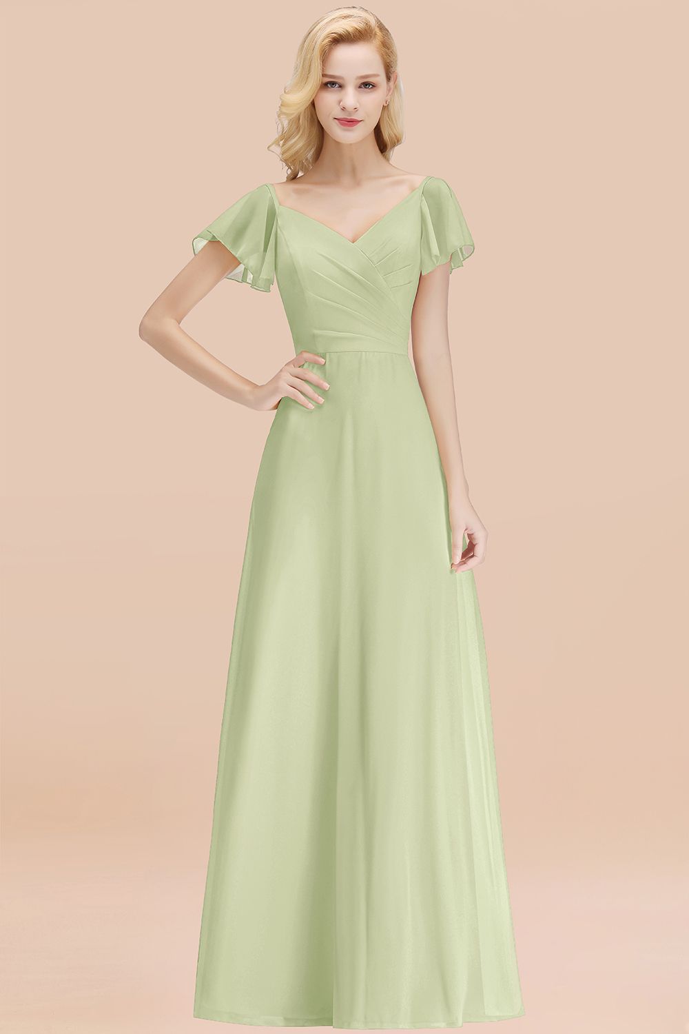 Elegent Short-Sleeve Long Bridesmaid Dresses Yellow Chiffon Wedding Party Dress