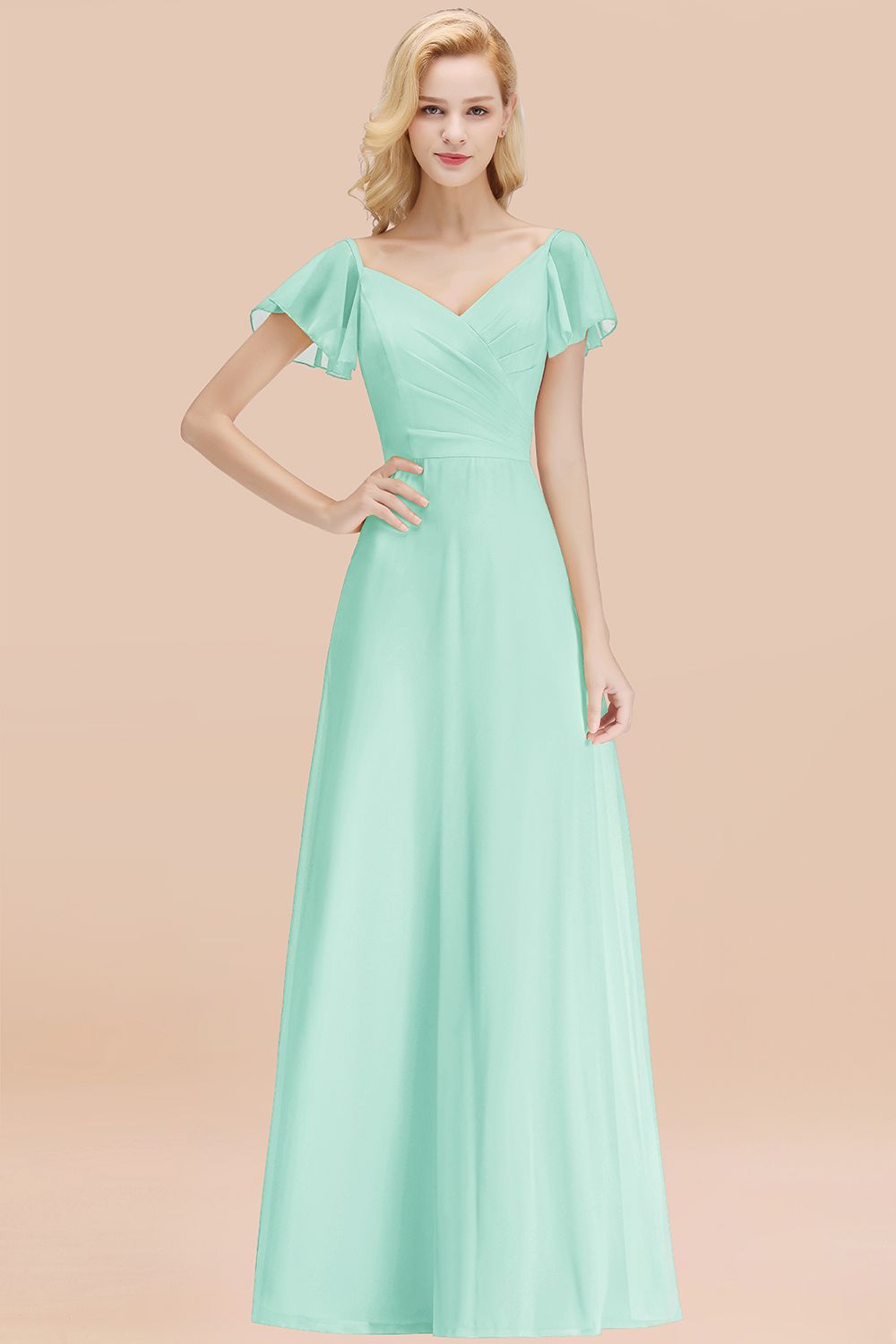 Elegent Short-Sleeve Long Bridesmaid Dresses Yellow Chiffon Wedding Party Dress