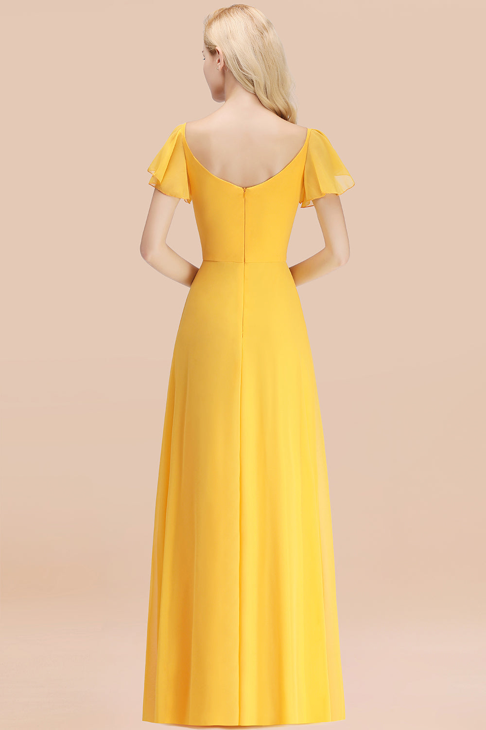 Elegent Short-Sleeve Long Bridesmaid Dresses Yellow Chiffon Wedding Party Dress