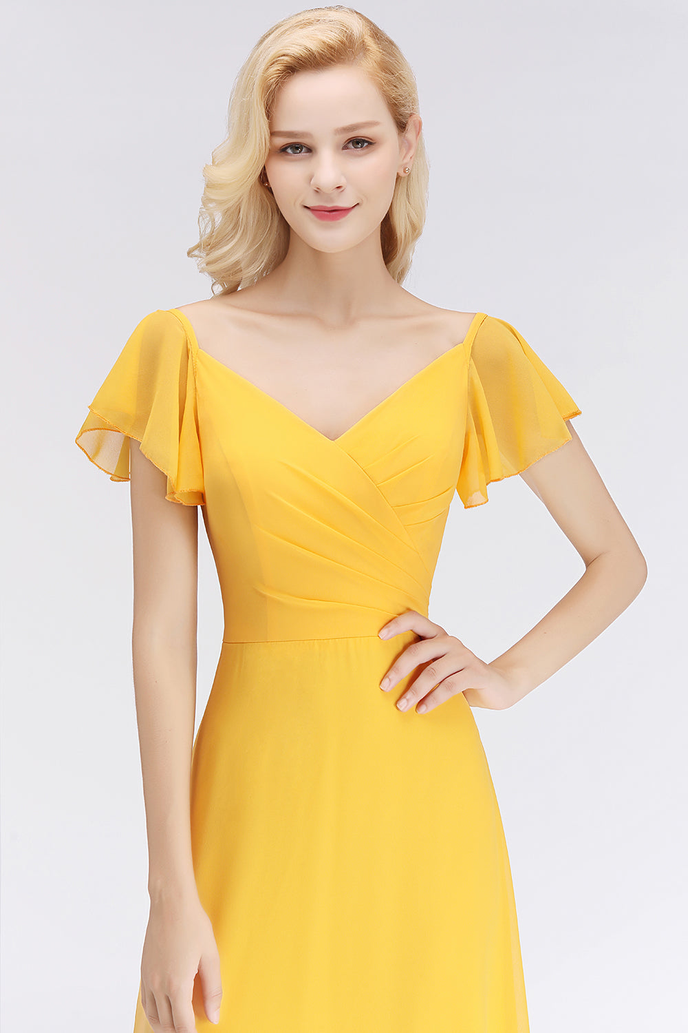 Elegent Short-Sleeve Long Bridesmaid Dresses Yellow Chiffon Wedding Party Dress