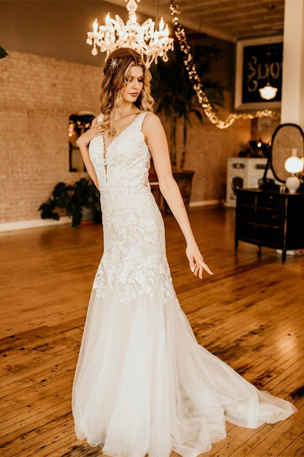 Elgeant V-Neck Wedding Dress Mermaid Lace Tulle