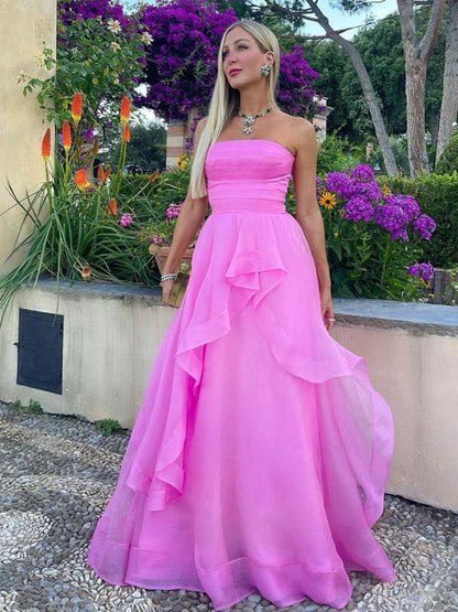 Elisa |Light Pink A Line Strapless Organza Prom Dress
