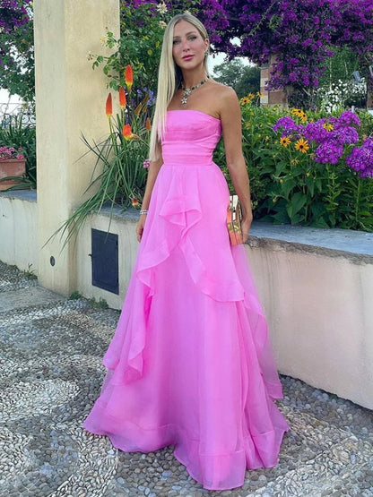 Elisa |Light Pink A Line Strapless Organza Prom Dress