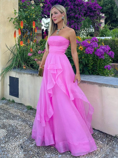Elisa |Light Pink A Line Strapless Organza Prom Dress
