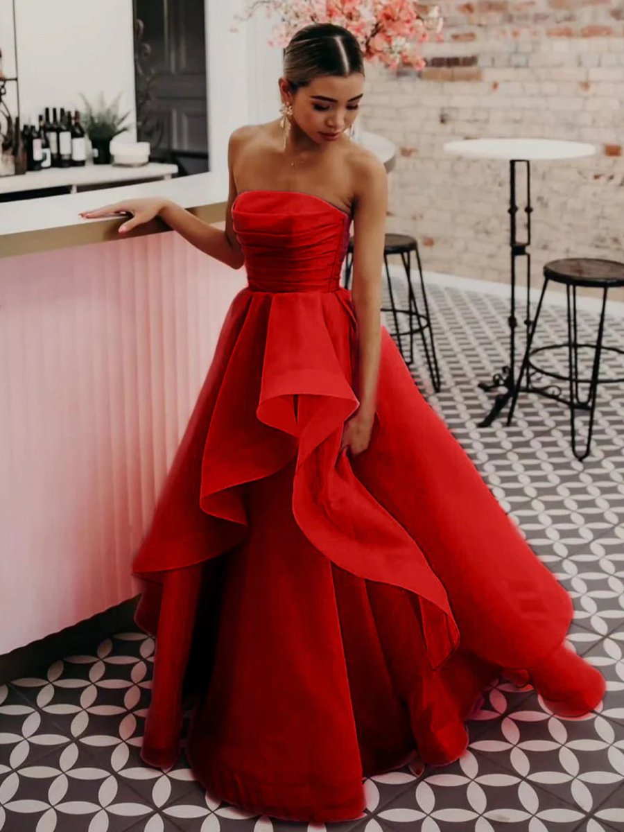 Sevoba|Light Pink A Line Strapless Organza Prom Dress