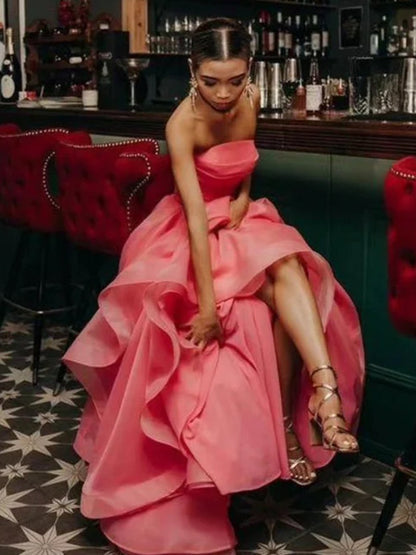 Sevoba|Light Pink A Line Strapless Organza Prom Dress