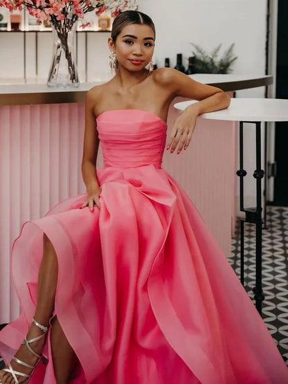 Sevoba|Light Pink A Line Strapless Organza Prom Dress