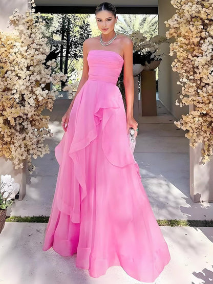 Sevoba|Light Pink A Line Strapless Organza Prom Dress