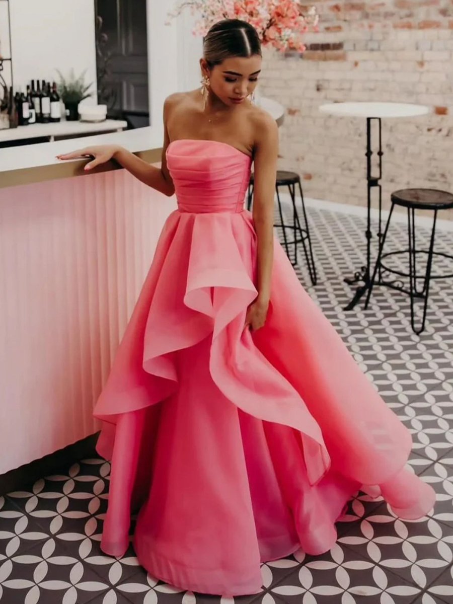 Sevoba|Light Pink A Line Strapless Organza Prom Dress