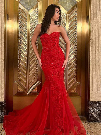 Mermaid Sweetheart Red Lace Long Prom Dresses