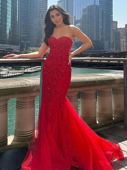 Mermaid Sweetheart Red Lace Long Prom Dresses