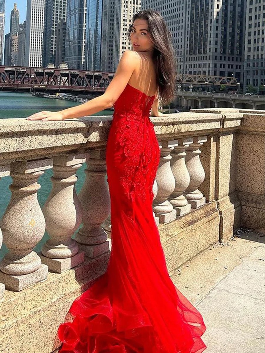 Mermaid Sweetheart Red Lace Long Prom Dresses