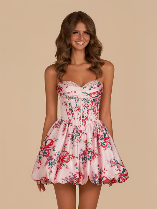 Sevoba|Pink - A Line Sweetheart Floral Satin Bubble Hem Homecoming Dresses with Sequins
