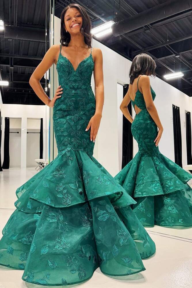 Hunter Green V-Neck Lace Applique Layered Mermaid Prom Dress