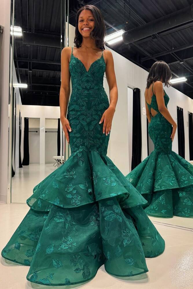 Hunter Green V-Neck Lace Applique Layered Mermaid Prom Dress