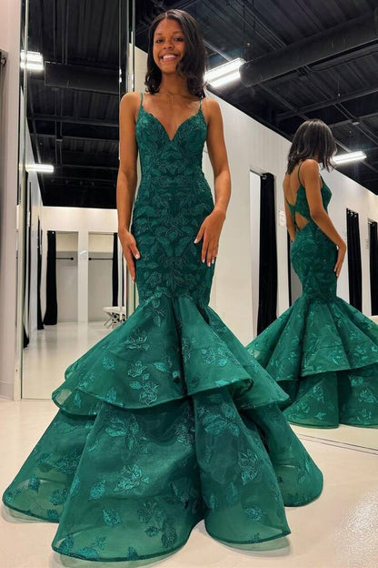 Hunter Green V-Neck Lace Applique Layered Mermaid Prom Dress