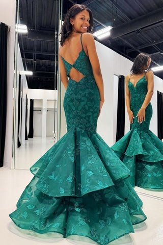 Hunter Green V-Neck Lace Applique Layered Mermaid Prom Dress