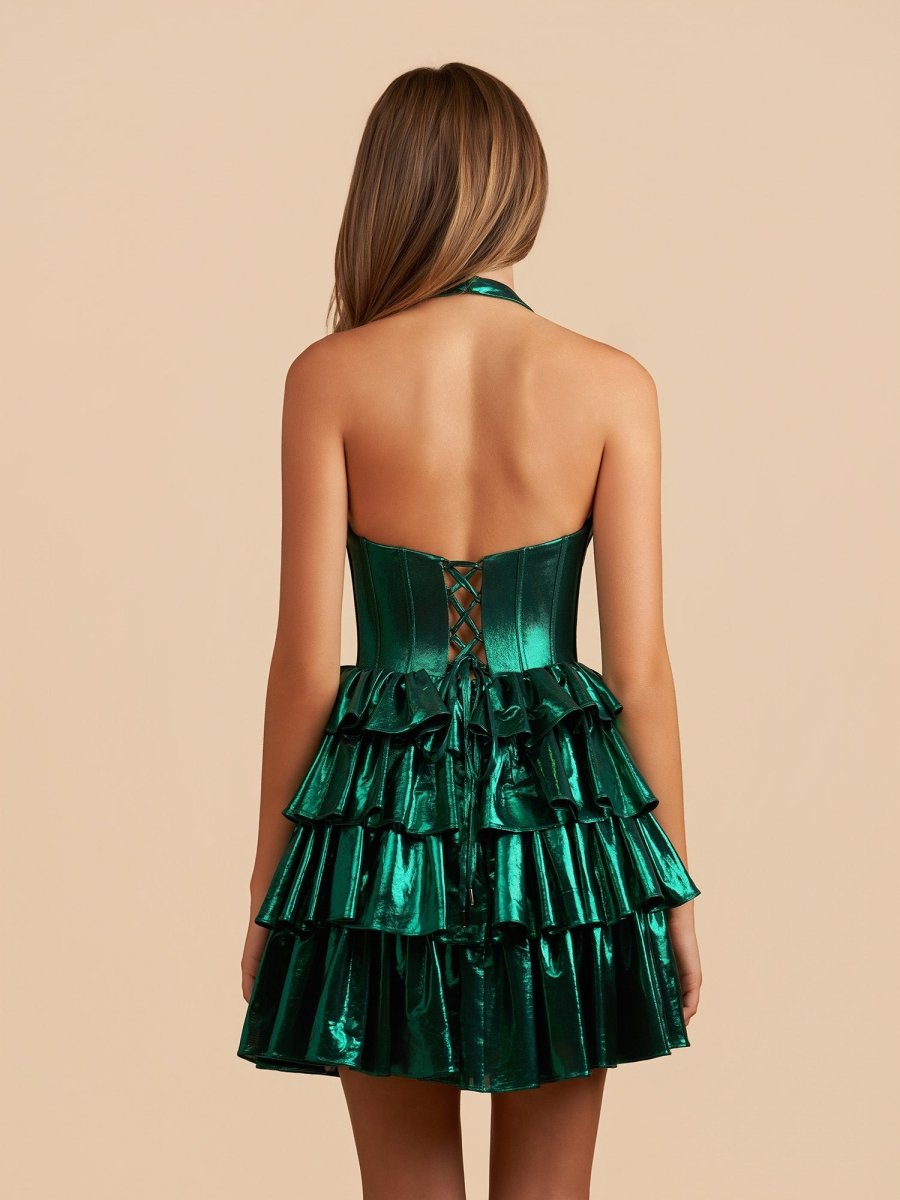 Sevoba|Emerald - Halter A Line Metallic Ruffles Homecoming Dresses With Bow