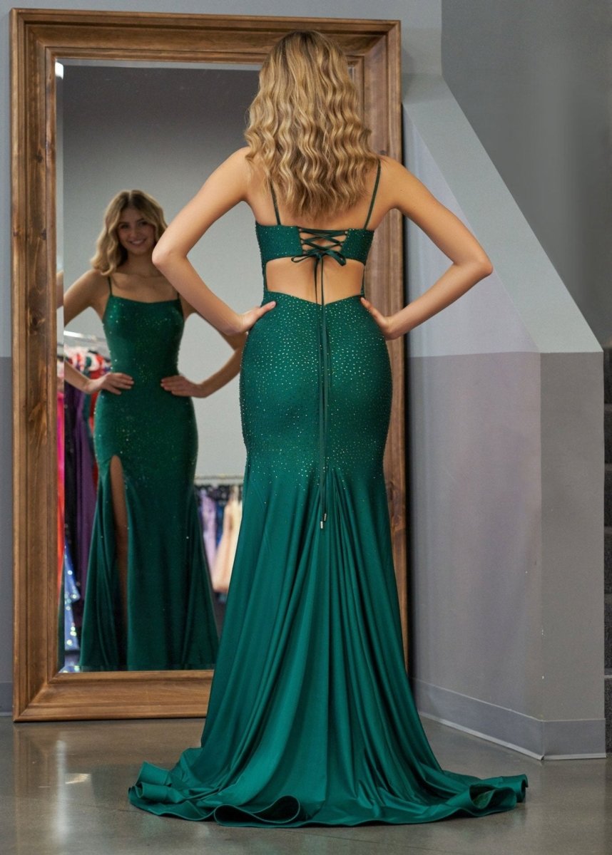 Sevoba|Mermaid Spaghettti Strap Beaded Satin Prom Dress with Slit