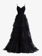 Sevoba | A-Line Deep V Neck Tiered Long Glitter Tulle Prom Dress