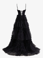 Sevoba | A-Line Deep V Neck Tiered Long Glitter Tulle Prom Dress