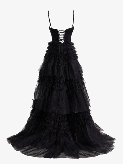 Sevoba | A-Line Deep V Neck Tiered Long Glitter Tulle Prom Dress