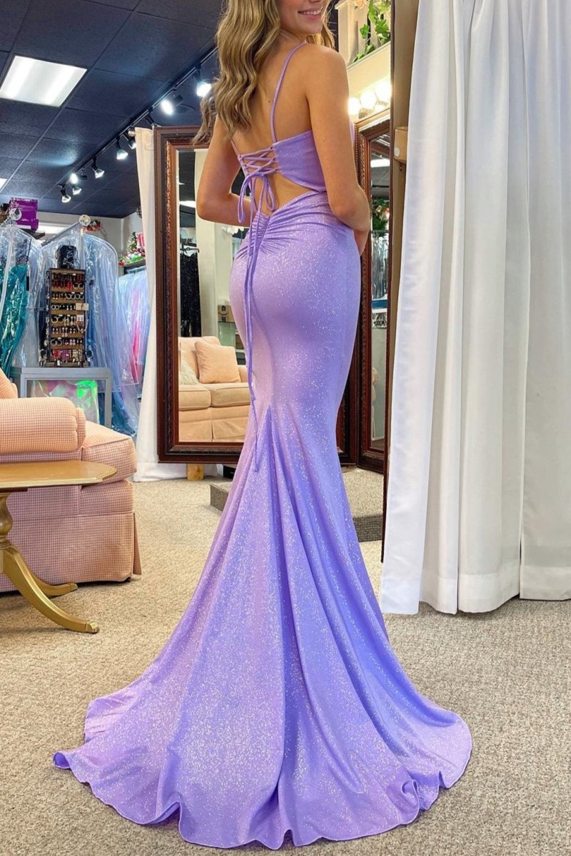 Ency | Glitter Lavender Beaded Lace-Up Mermaid Long Gown