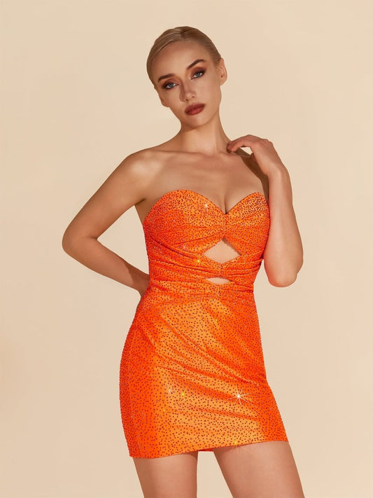 Sevoba|Bright Orange  - Sheath Sweetheart Sequined Cut Out Short Homecoming Dresses