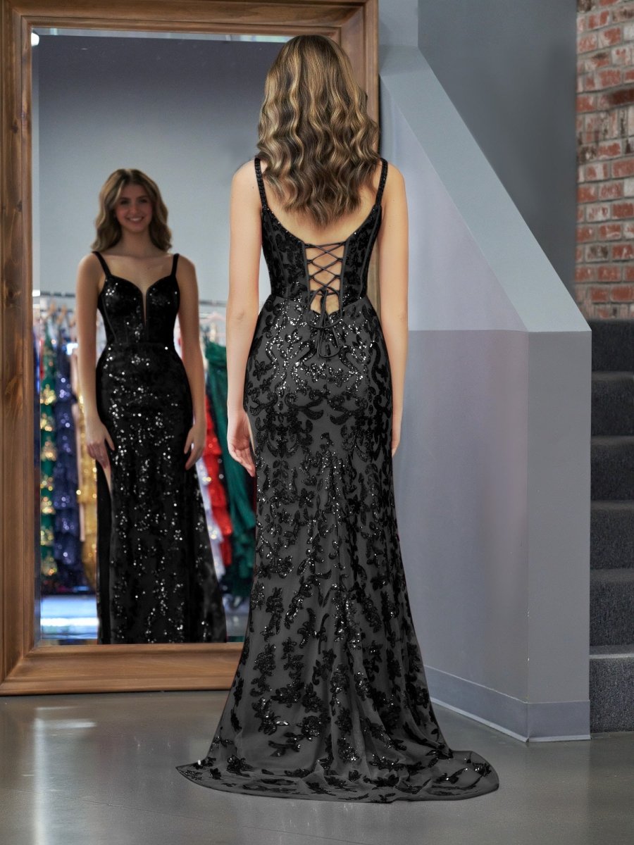 Sevoba|Sparkly Blue Sheath Sequins Long Prom Dress with Slit