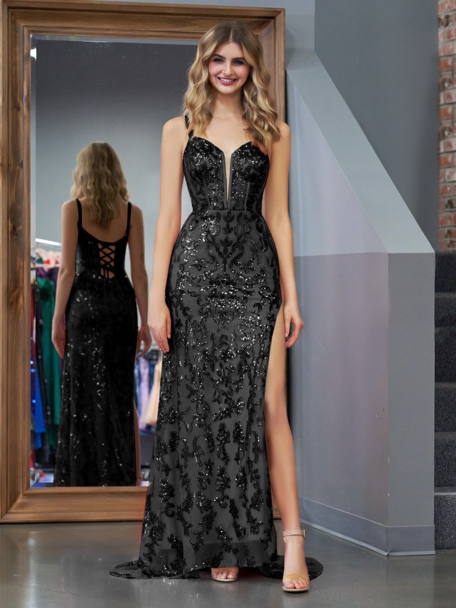 Sevoba|Sparkly Blue Sheath Sequins Long Prom Dress with Slit