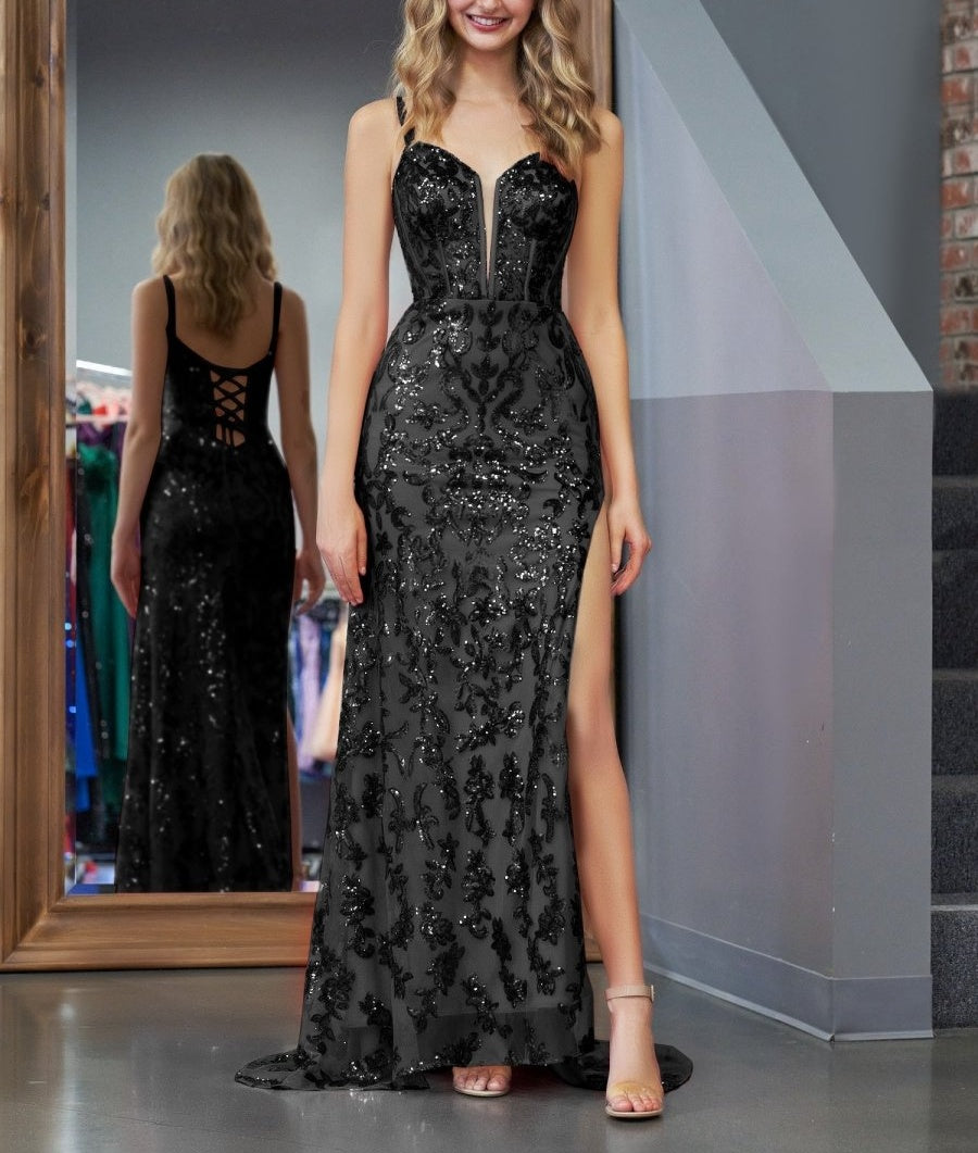 Sparkly Blue Sheath Sequins Long Prom Dress with Slit