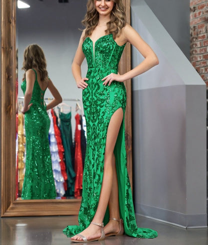 Sparkly Blue Sheath Sequins Long Prom Dress with Slit