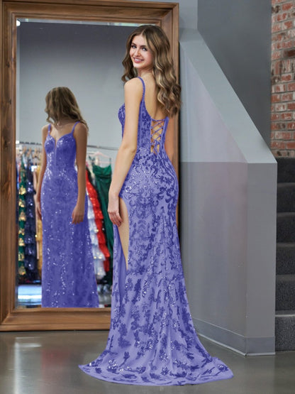 Sevoba|Sparkly Blue Sheath Sequins Long Prom Dress with Slit