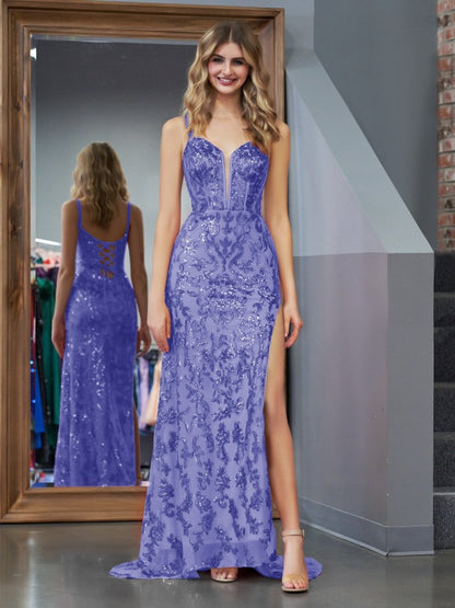 Sevoba|Sparkly Blue Sheath Sequins Long Prom Dress with Slit