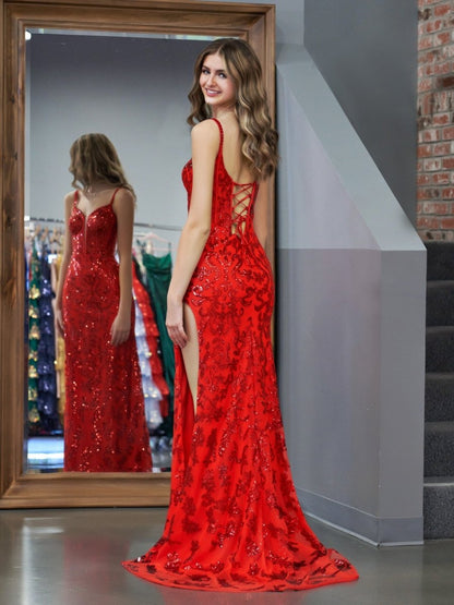 Sevoba|Sparkly Blue Sheath Sequins Long Prom Dress with Slit