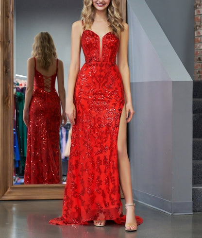 Sparkly Blue Sheath Sequins Long Prom Dress with Slit