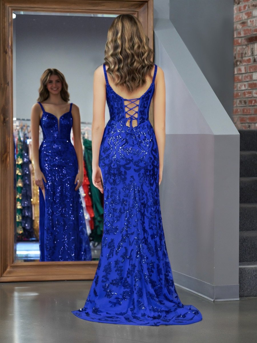 Sevoba|Sparkly Blue Sheath Sequins Long Prom Dress with Slit