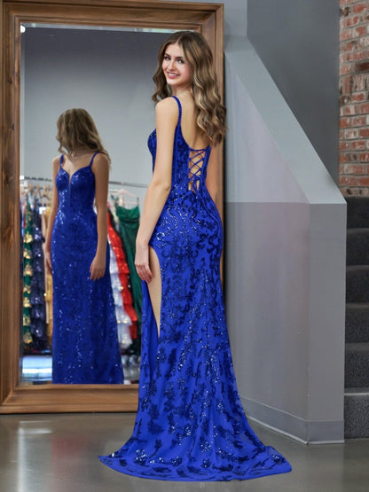 Sevoba|Sparkly Blue Sheath Sequins Long Prom Dress with Slit