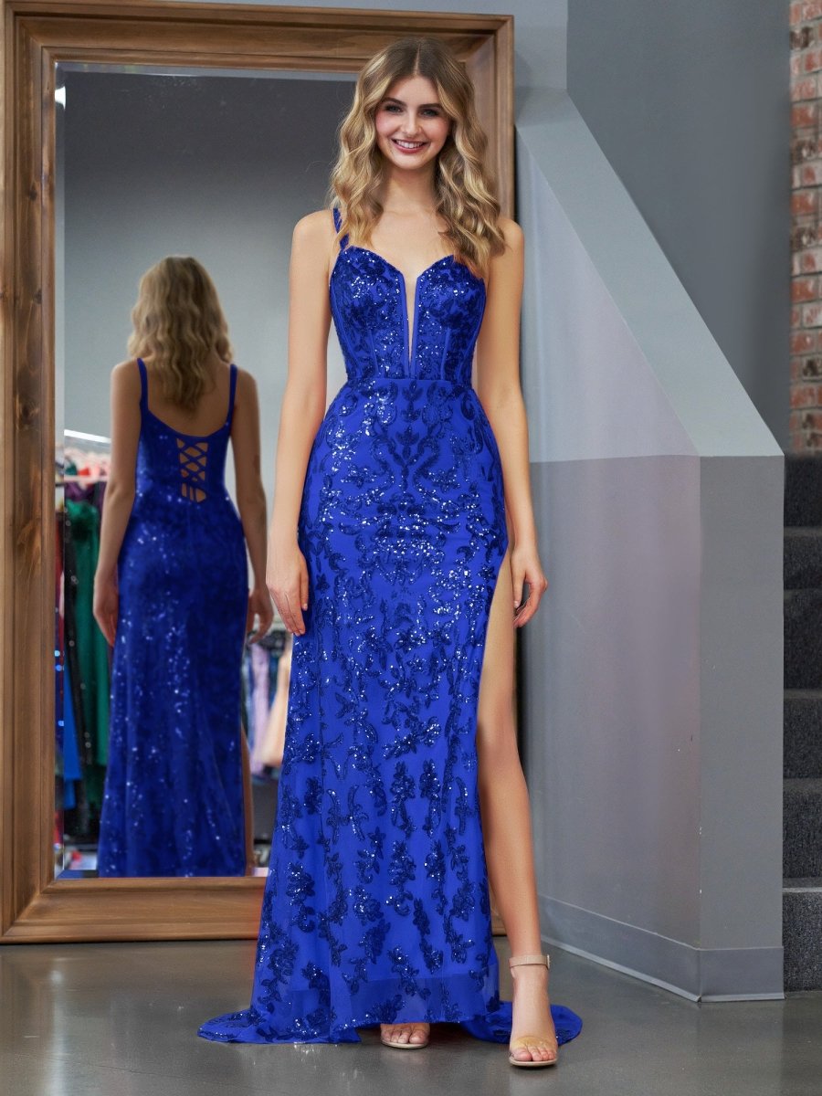 Sevoba|Sparkly Blue Sheath Sequins Long Prom Dress with Slit