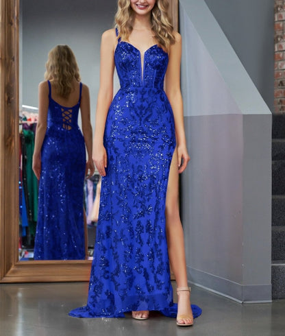 Sparkly Blue Sheath Sequins Long Prom Dress with Slit