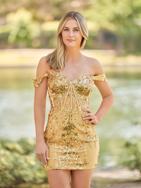 Sevoba|Short Off the Shoulder Sheath Gold Kace Corset Homecoming Dresses