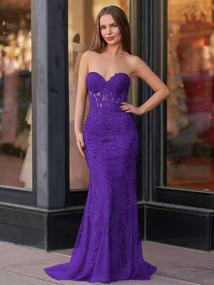 Sevoba|Mermaid Sweetheart Neck Lace Long Prom Dress With Appliques