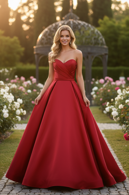 Sevoba|Classic Red A Line Sweetheart Satin Long Prom Dress With Bow Back