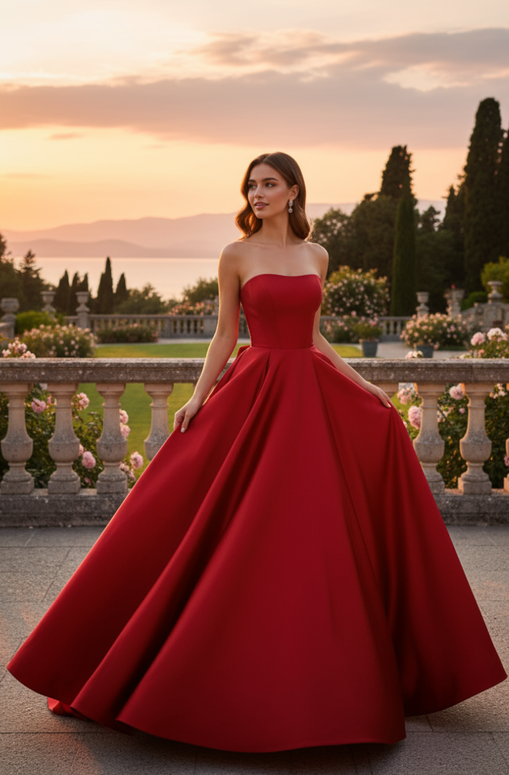 Sevoba|Classic Red A Line Sweetheart Satin Long Prom Dress With Bow Back