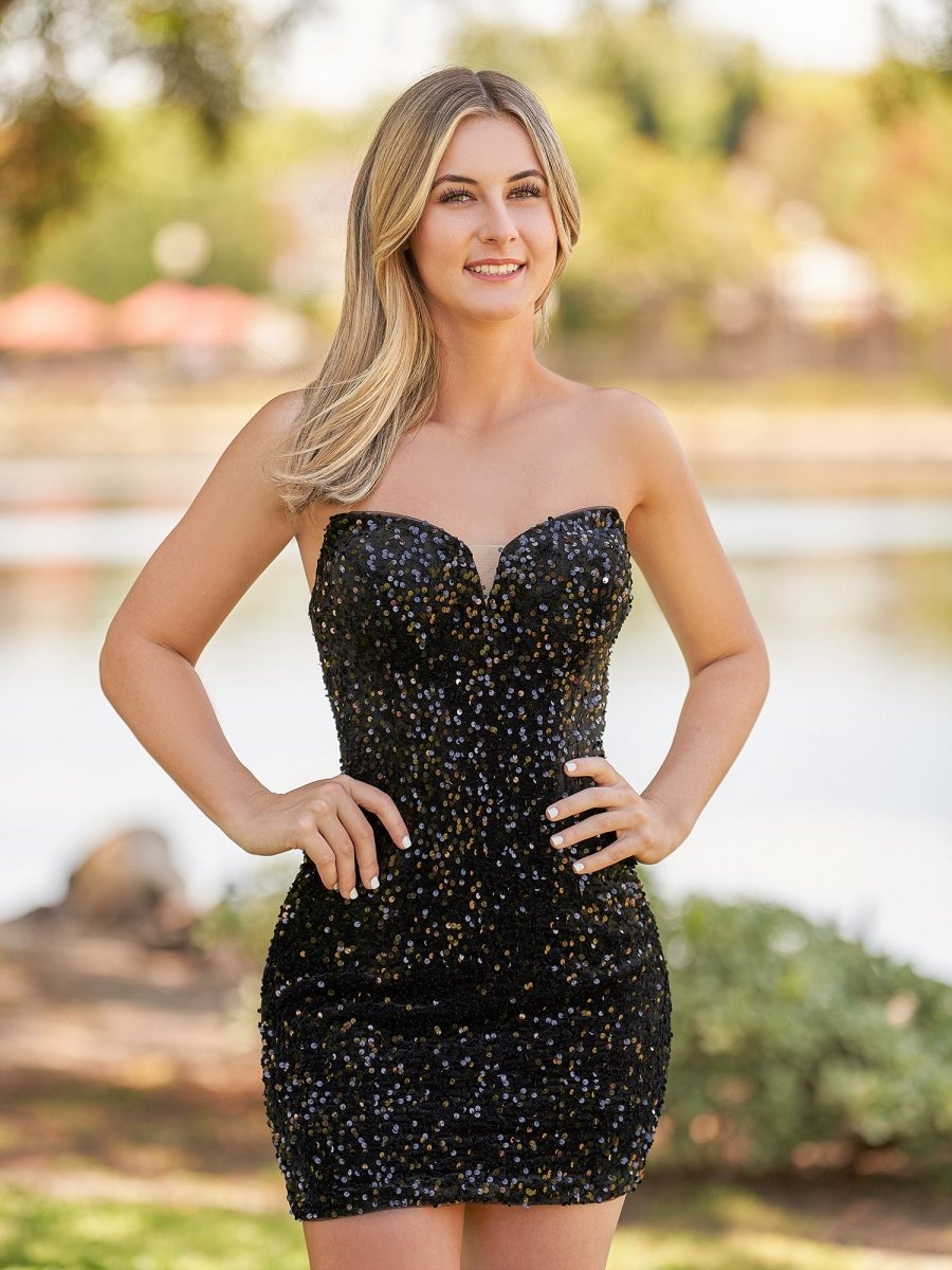 Sevoba|Bodycon Sweetheart Black Sequin Short Homecoming Dresses